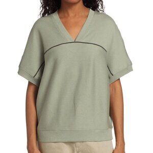 Brunello Cucinelli Monili Trim Ribbed V-Neck Thyme Cotton Tee